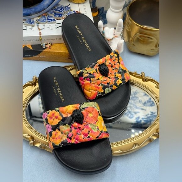 🆕 KURT GEIGER LONDON 🧿 NWOB Meena Eagle Black Floral Print Slides, Sz 37 US 7 - Picture 6 of 13